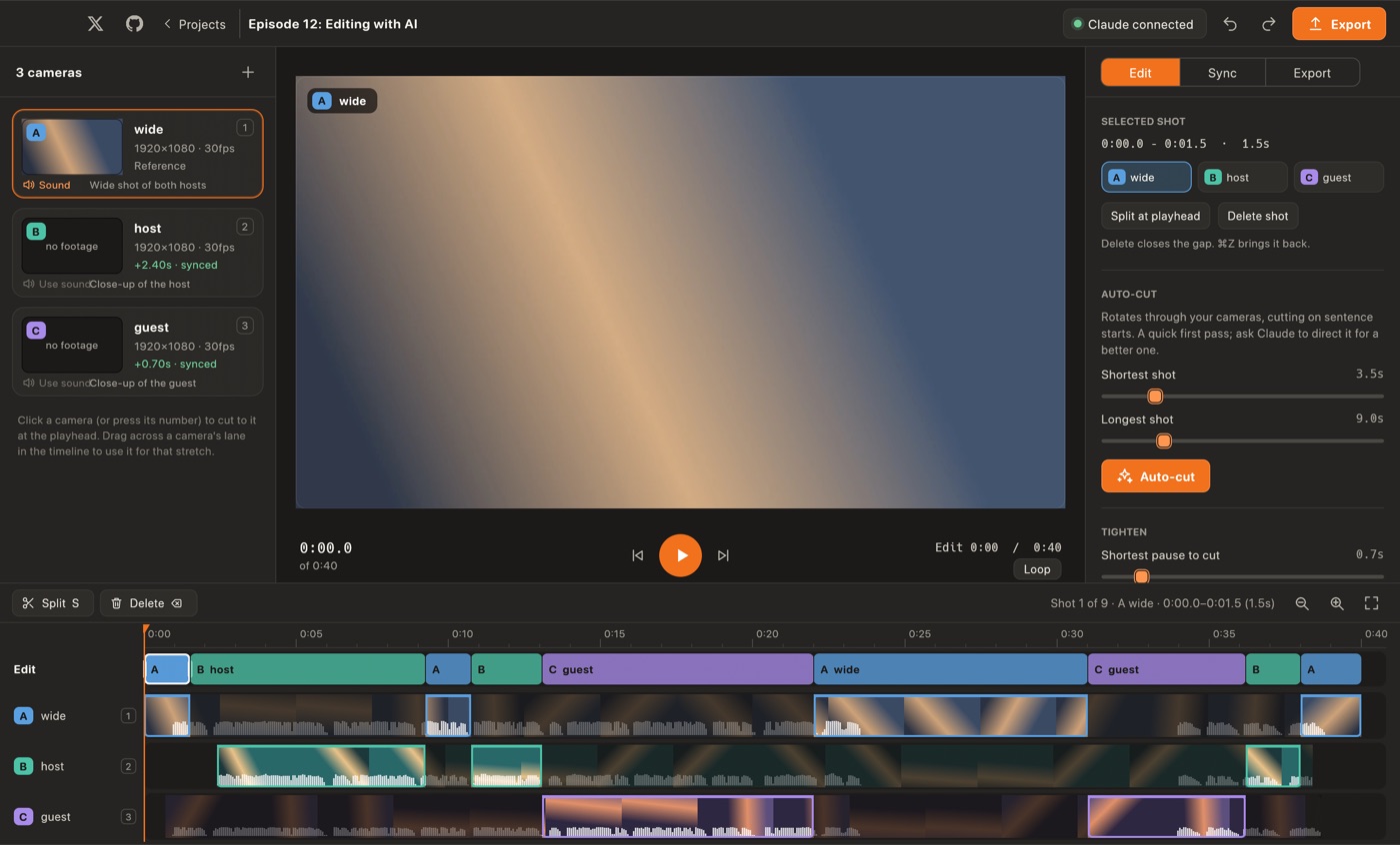 The timeline with three camera lanes and the edit lane above them